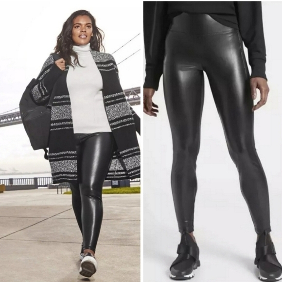 EUC Athleta All Over Gleam Tight Faux Leather Leggings Tight Black Xsmall - Picture 1 of 13